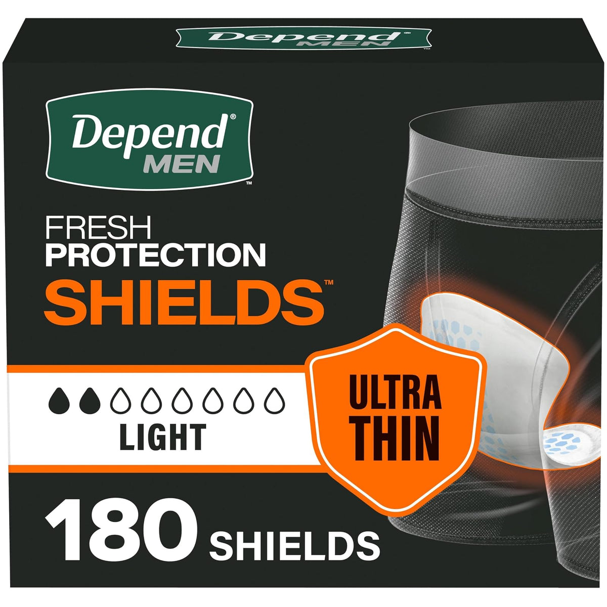 Depend Shields - almohadillas para orejas de incontinencia para hombres, absorción de luz, 180 unidades (el embalaje puede variar)