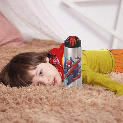 Zak Designs - Botella de agua Marvel 18/8 de acero inoxidable de una sola pared de 27 oz con popote abatible y tapa con cierre, taza duradera para deportes o viajes (27 oz, Spider-Man)