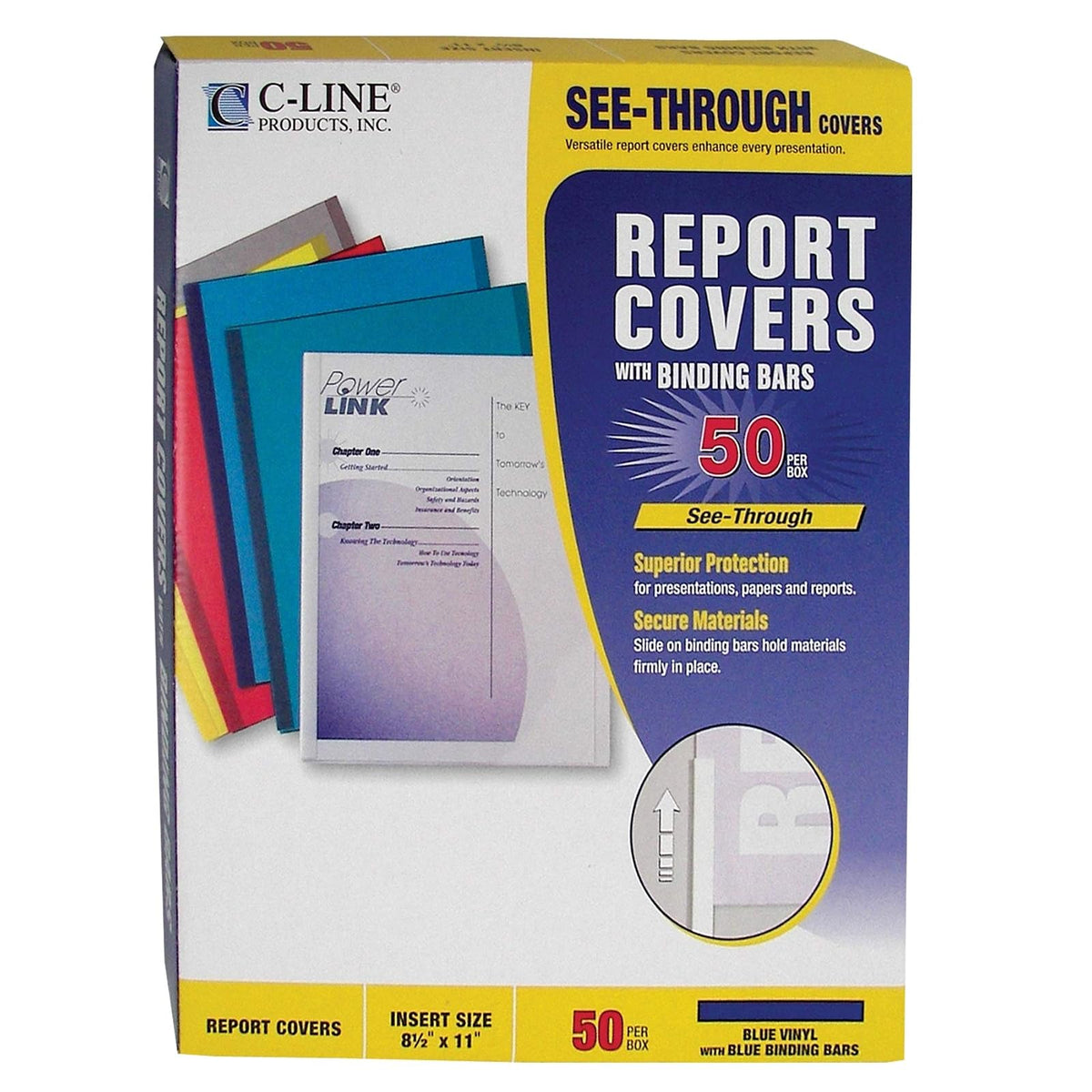 C-Line - Cubiertas para informes con barras de encuadernación, vinilo azul, barras azules, 8.5 x 11 pulgadas, 50 por caja (32555)