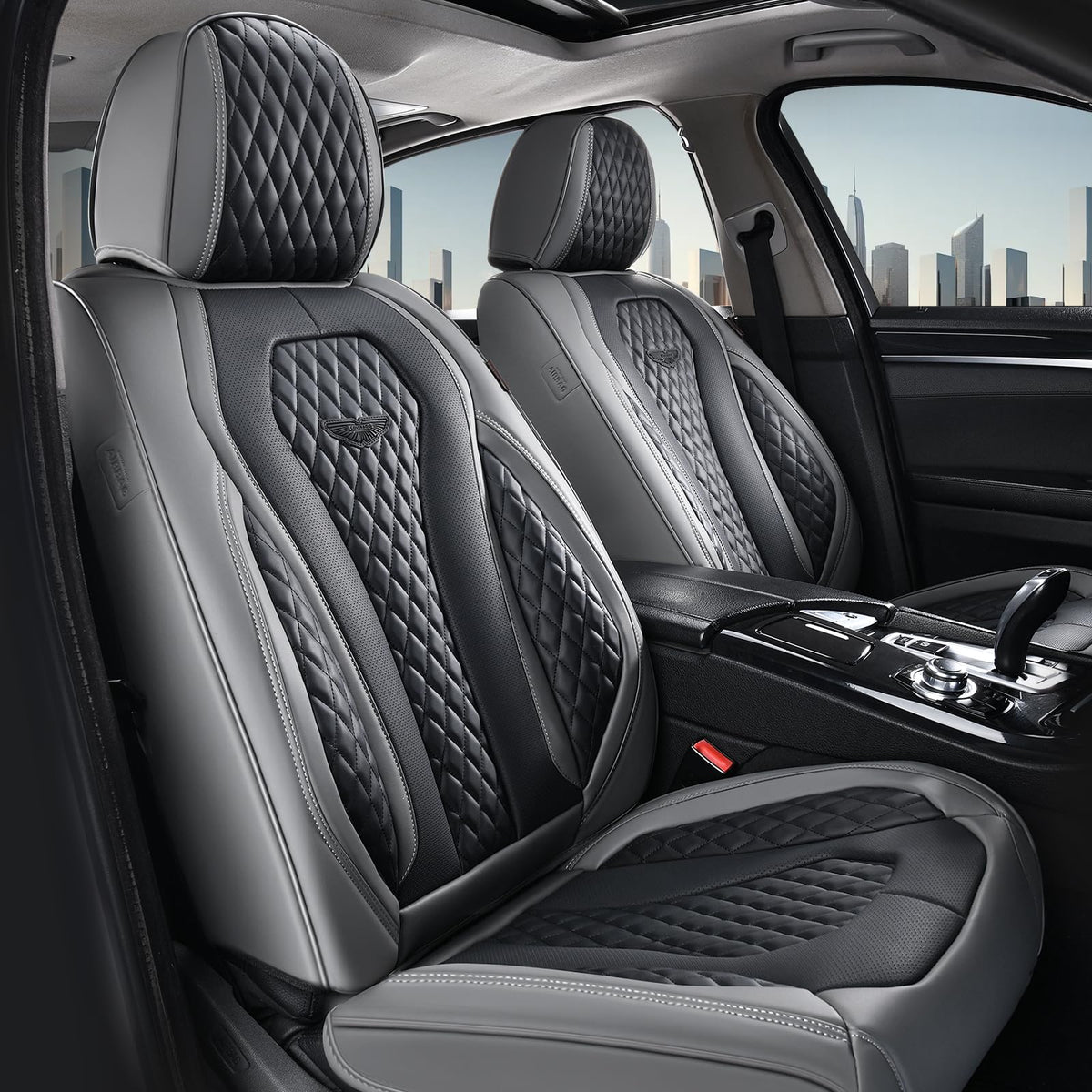 Coverado Funda de Asiento de Auto en Piel, Ajuste Universal - Gris - Negro - FrontPair
