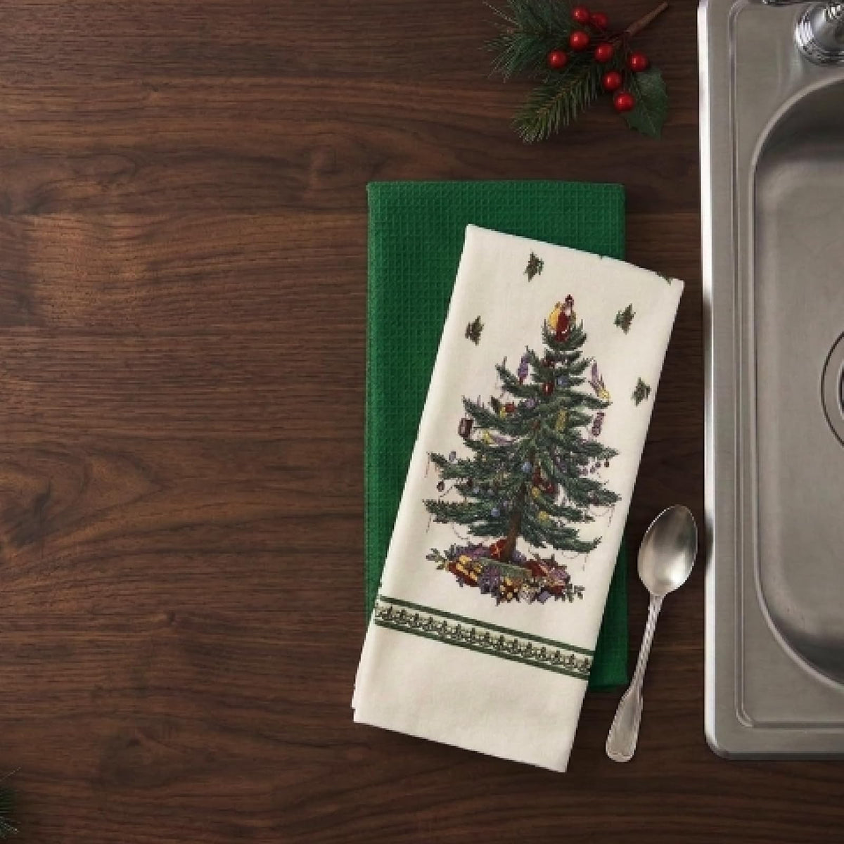 Spode - Juego de Toallas de 3 Piezas, Toallas de Cocina de algodón Suave y Absorbente, decoración del hogar de día Festivo, colección de árbol de Navidad