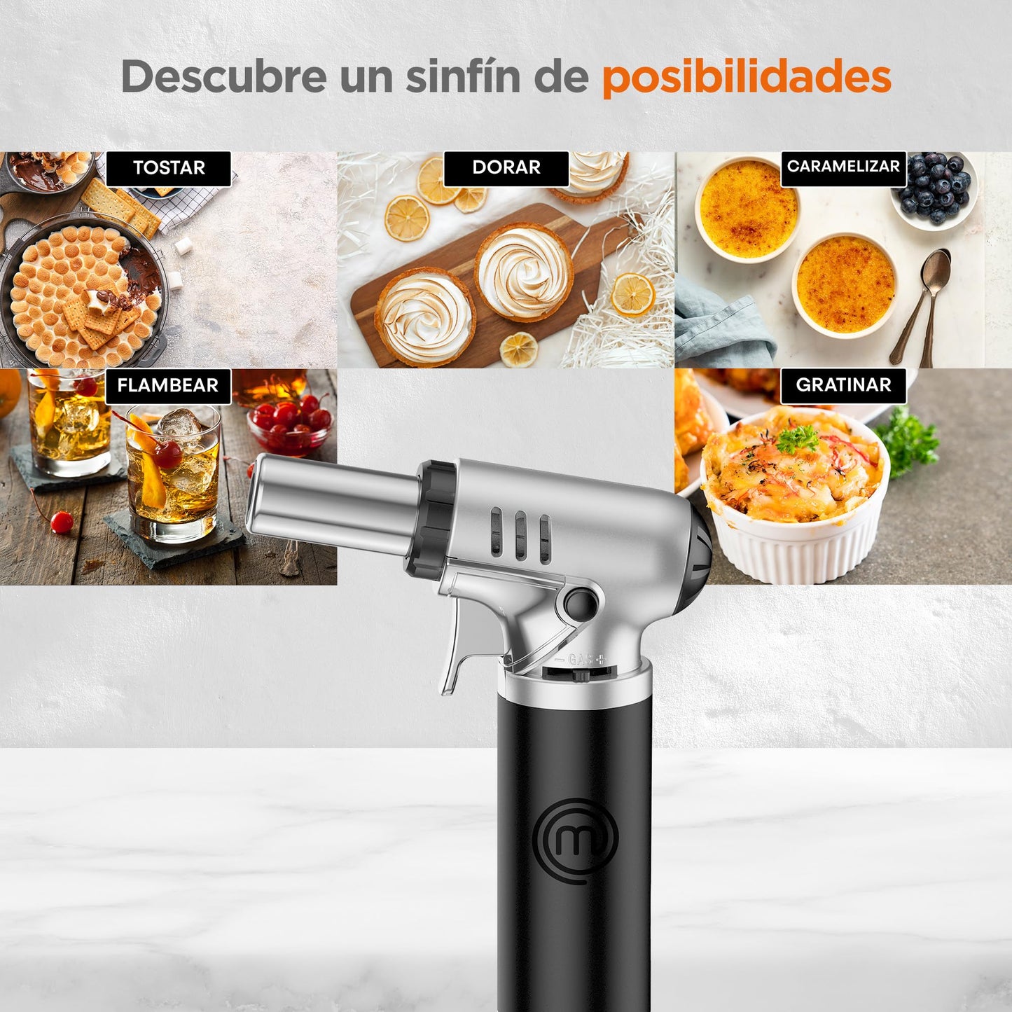 Hukën x MasterChef | Antorcha Culinaria Switch Control | Ajuste de Potencia de Flama | Ventanilla de Nivel de Gas | Base Estable | Carga de 6g para Uso Ligero | Diseño Compacto | Estilo Profesional