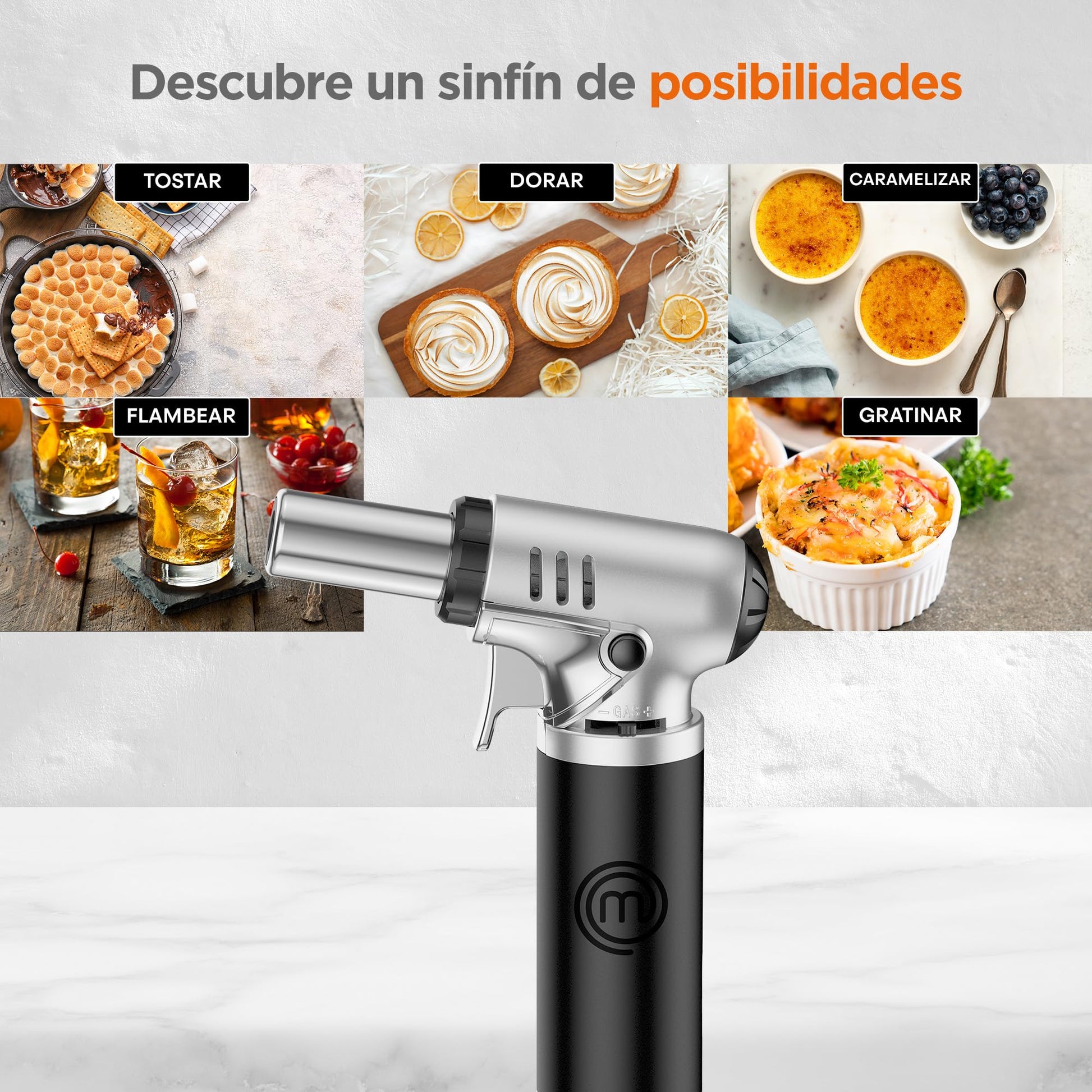 Hukën x MasterChef | Antorcha Culinaria Switch Control | Ajuste de Potencia de Flama | Ventanilla de Nivel de Gas | Base Estable | Carga de 6g para Uso Ligero | Diseño Compacto | Estilo Profesional