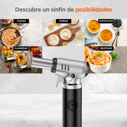 Hukën x MasterChef | Antorcha Culinaria Switch Control | Ajuste de Potencia de Flama | Ventanilla de Nivel de Gas | Base Estable | Carga de 6g para Uso Ligero | Diseño Compacto | Estilo Profesional