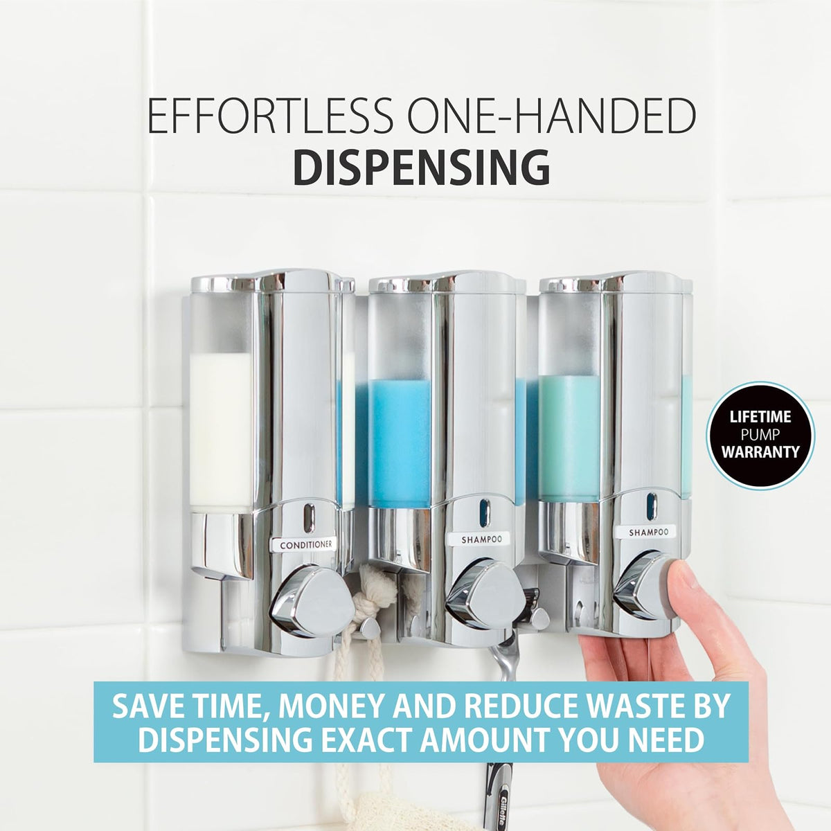 Better Living Aviva - Dispensador de Ducha de 3 cámaras, dispensador de jabón de Ducha para baño y Hotel, Ganchos Integrados, sin taladros, dispensador de jabón de champú Impermeable, 3 x 11 onzas