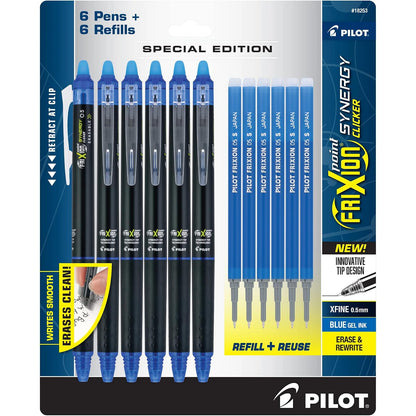 PILOT Frixion Synergy Clicker - Bolígrafos borrables, retráctiles y recargables, punta extrafina de 0,5 mm, 6 bolígrafos de tinta azul + 6 recambios