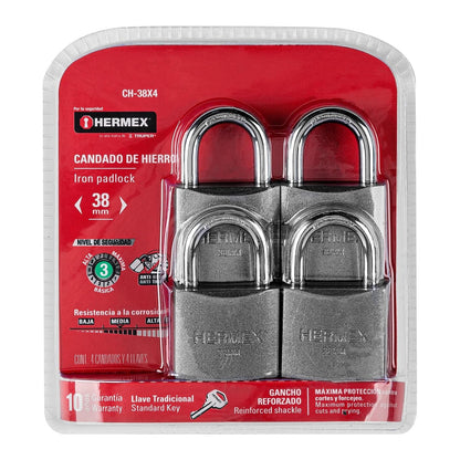 Hermex CH-38X4, Juego de 4, cuerpo de hierro, gancho corto, en blister