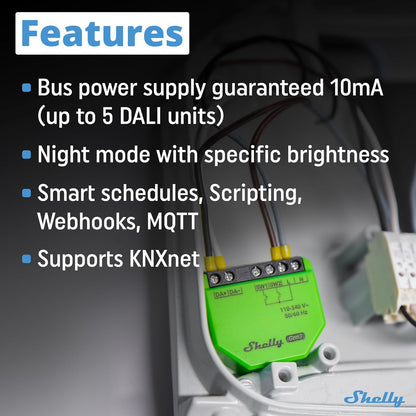 Shelly DALI Dimmer Gen3 -Regulador de Luz LED, Wi-Fi y Bluetooth, Luminarias DALI, Alimentación de Bus Integrada, Control Remoto App iOS y Android, No HUB, Alexa, Smart Home, SmartThings