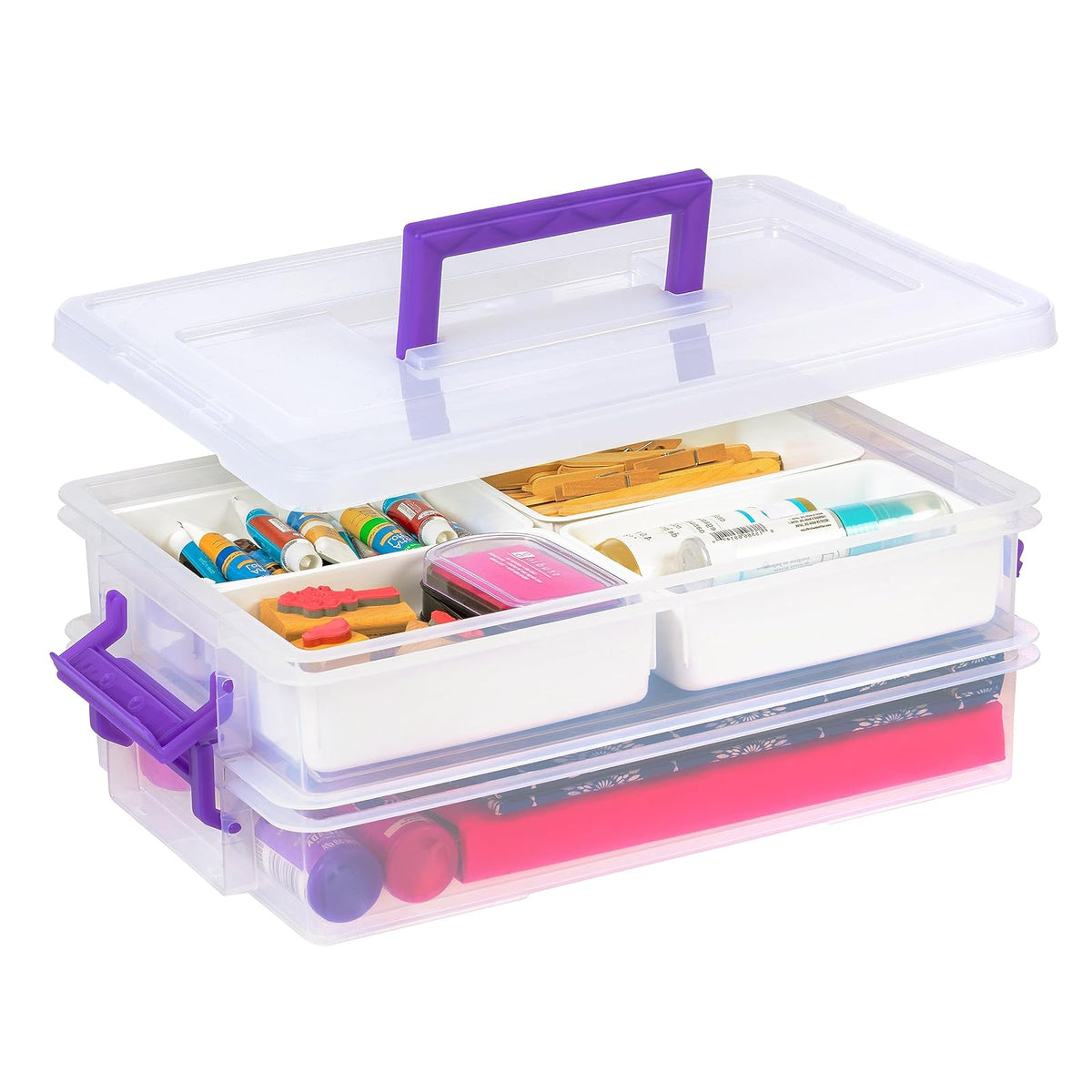 IRIS USA Contenedor con Tapa de 9 Qt, Transparente | Caja con asa integrada, 4 bandejas removibles, ideal para manualidades y arte con broches entrelazables - con Asa - Violeta Grande