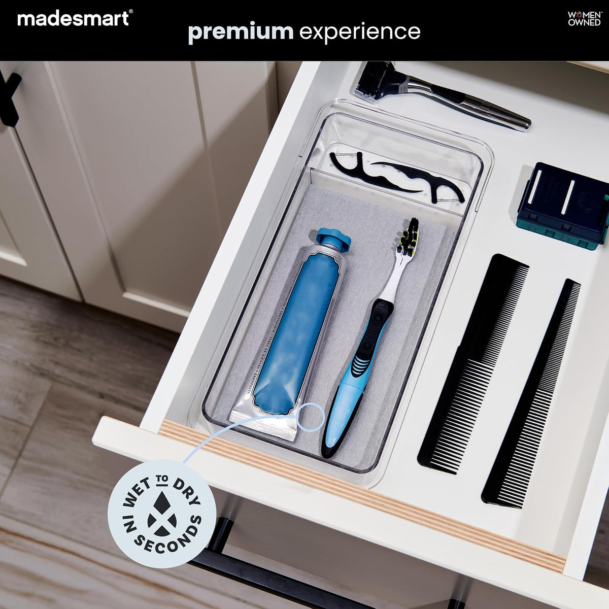 madesmart Organizador de cajones con Bandeja Dental con Piedra de Secado, Organizador de plástico Transparente para Cepillo para Polvo de Dientes, Hilo Dental, Hilo Dental para Agua, Enjuague bucal