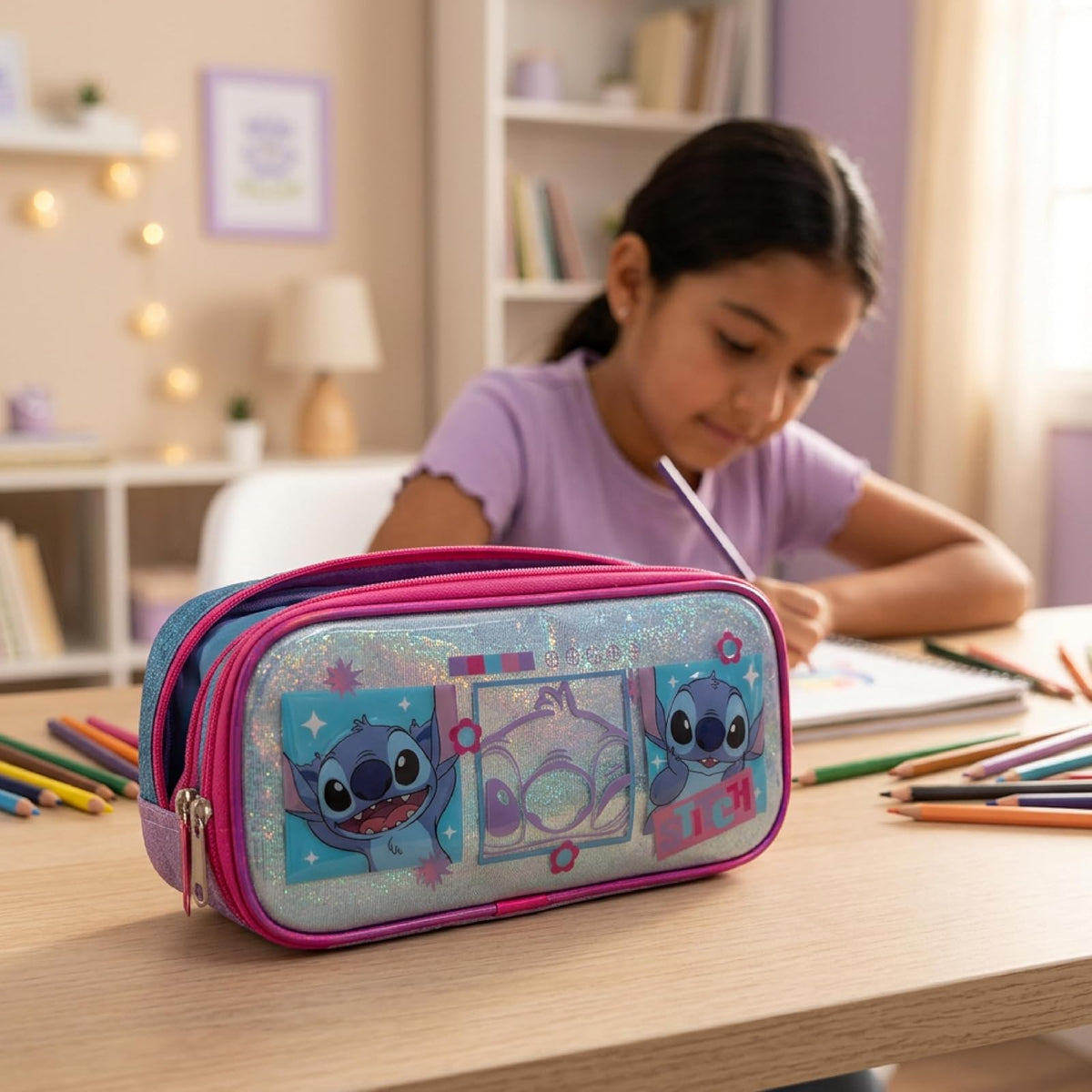 Ruz Lapicera Doble Infantil y Preescolar | Stitch | 100% Poliéster | Bolsa Escolar para Niños con Bolsillos Organizadores y Cierre de Cremallera | Recomendado desde 3 años