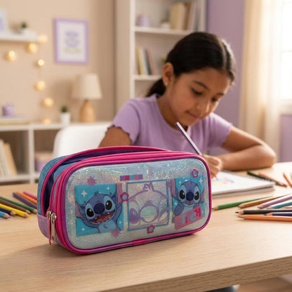 Ruz Lapicera Doble Infantil y Preescolar | Stitch | 100% Poliéster | Bolsa Escolar para Niños con Bolsillos Organizadores y Cierre de Cremallera | Recomendado desde 3 años