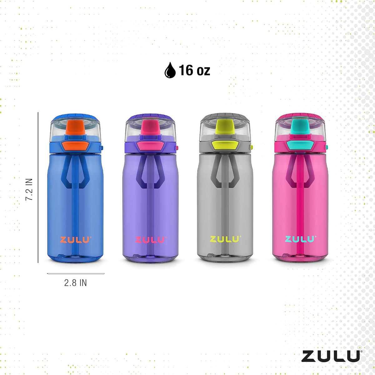 ZULU Kids Flex - Botella de agua de plástico Tritan de 16 onzas con boquilla de silicona, tapa abatible a prueba de fugas y bucle de transporte suave al tacto para mochila escolar, lonchera y deportes