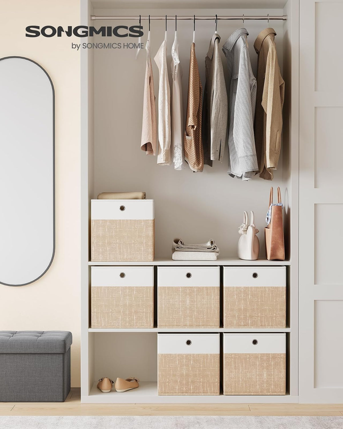 SONGMICS Cajas Organizadoras de Tela, 6 Piezas, 33 x 33 x 33 cm | Cubos de Almacenamiento Plegables, para Clóset, Blanco y Beige, Colección TINA MRFB433LF02