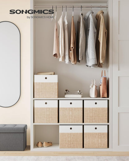 SONGMICS Cajas Organizadoras de Tela, 6 Piezas, 33 x 33 x 33 cm | Cubos de Almacenamiento Plegables, para Clóset, Blanco y Beige, Colección TINA MRFB433LF02
