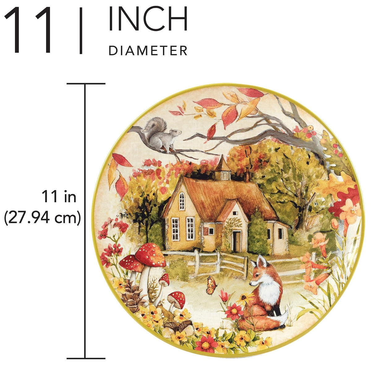 Woodland Critters - Platos de cerámica de 11 pulgadas, juego de 4 – Escena caprichosa de animales del bosque y cabaña – Vajilla inspirada en la naturaleza para otoño, fiestas infantiles, comidas de