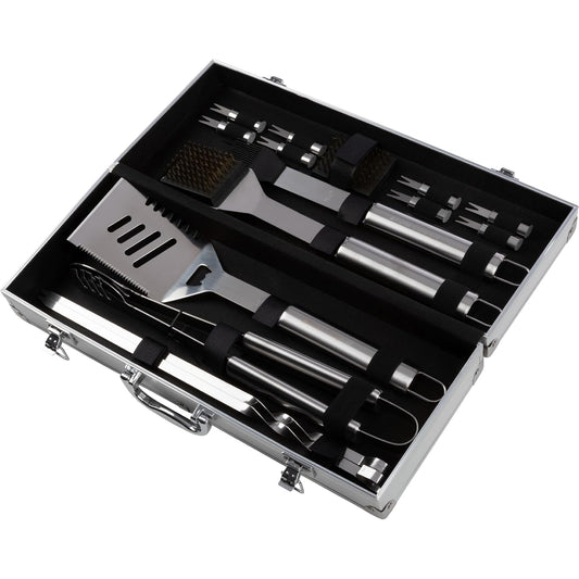 Home-Complete - Juego de Herramientas para Barbacoa de Acero Inoxidable, Accesorios para Barbacoa, Caja de Almacenamiento de Aluminio, 16 Piezas, Plateado, 16 Piezas