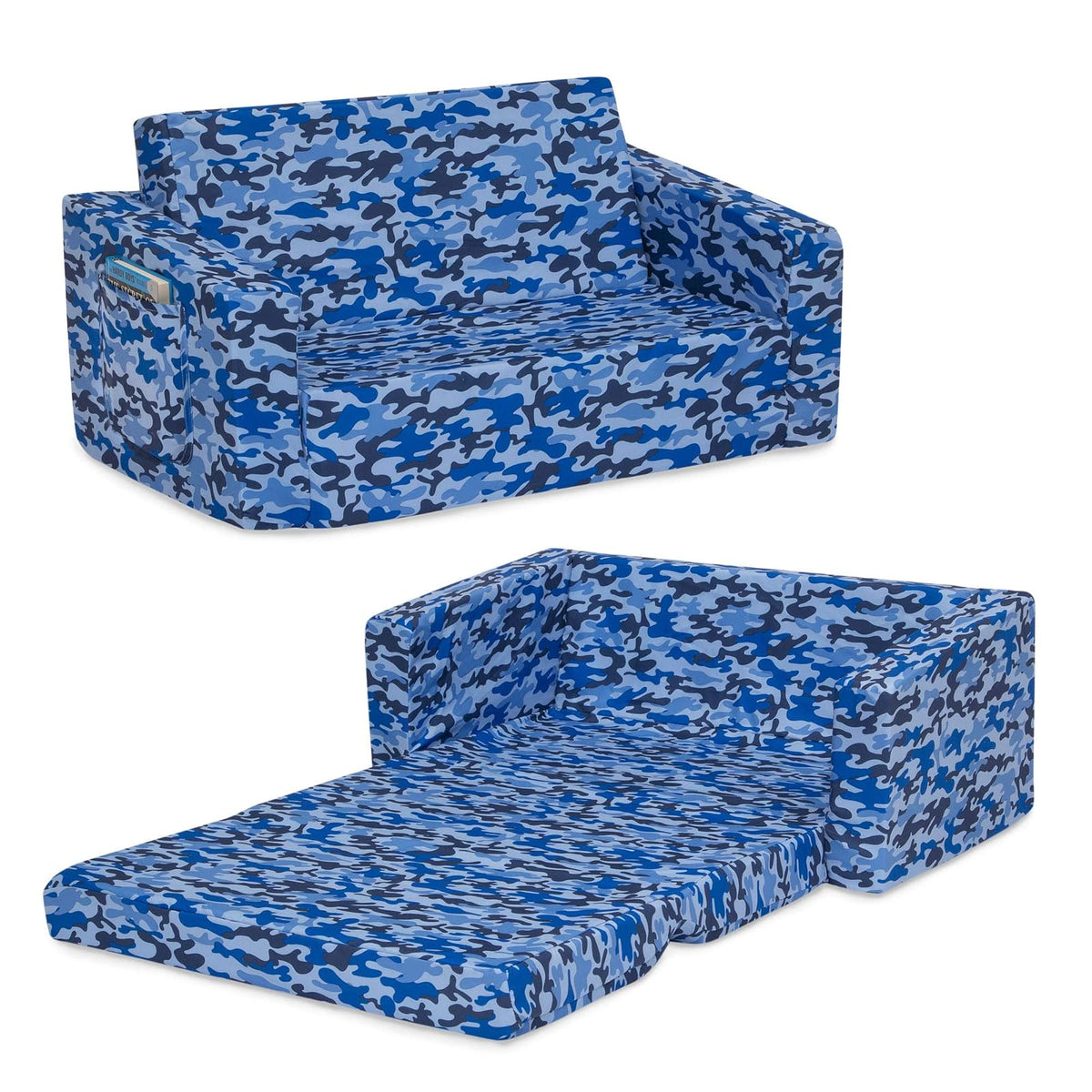 Delta Children Cozee 2 en 1 - Sofá convertible extra ancho para tumbona, cómodo y abierto para niños, camuflaje azul