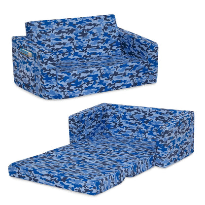 Delta Children Cozee 2 en 1 - Sofá convertible extra ancho para tumbona, cómodo y abierto para niños, camuflaje azul