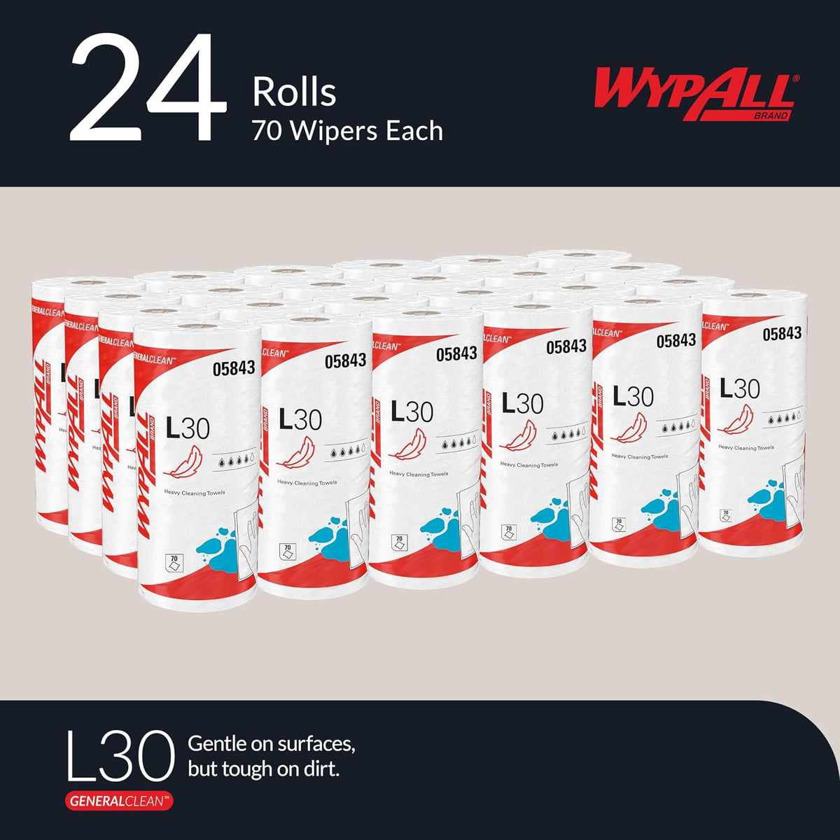WypAll GeneralClean L30 Toallitas de limpieza resistentes (05843), toallas fuertes y suaves, blancas (70 hojas/rollo, 24 rollos, 1.680 hojas en total)