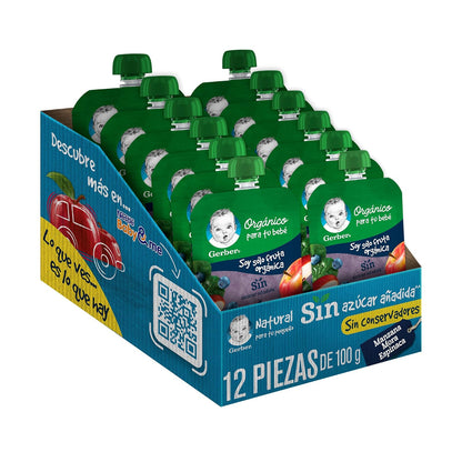 Papilla Gerber Orgánico Pouch Etapa 2 Manzana, Mora Azul y Espinaca 100g Paquete 12