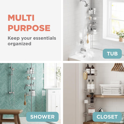 Zenna Home - Organizador de esquina para ducha con poste de tensión, organizador ajustable para ducha de pie con 4 cestas y ganchos en forma de L, organizador de barra de tensión para baño, resistente