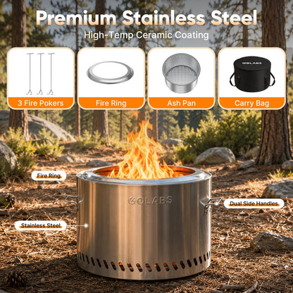 Golabs - Chimenea sin Humo de 19.5 Pulgadas, portátil con asa, Chimenea de Acero Inoxidable para Exteriores con Bandeja de Ceniza extraíble y póker de Fuego, fácil de Limpiar, calefacción eficiente y