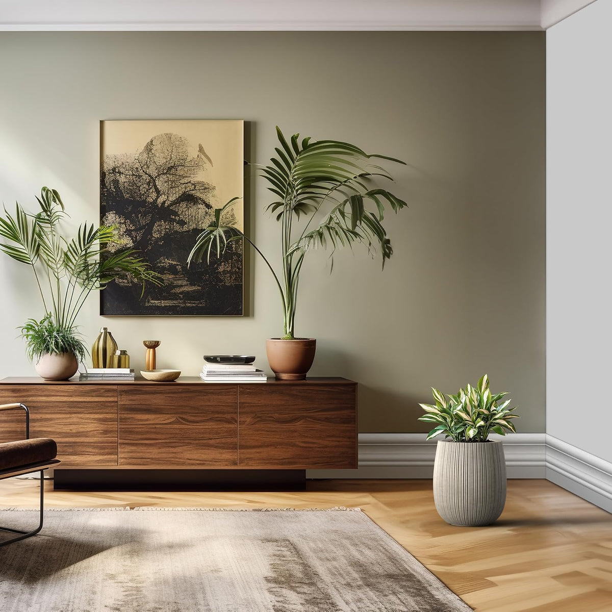 Kante Maceta Redonda de hormigón de 32 cm de diámetro x 37 cm de Alto, con Orificio de Drenaje y tapón de Goma para el hogar, Patio, jardín, Acabado de hormigón Desgastado con Interior café cálido