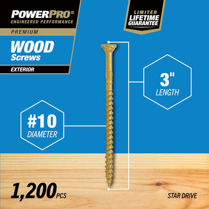Power Pro Tornillos Para Madera #10 X 3 Pulgadas 967780 | Caja De 1200 Unidades, Resistentes A La Corrosión, Bronce Recubierto De Epoxi, Para Cubierta Exterior