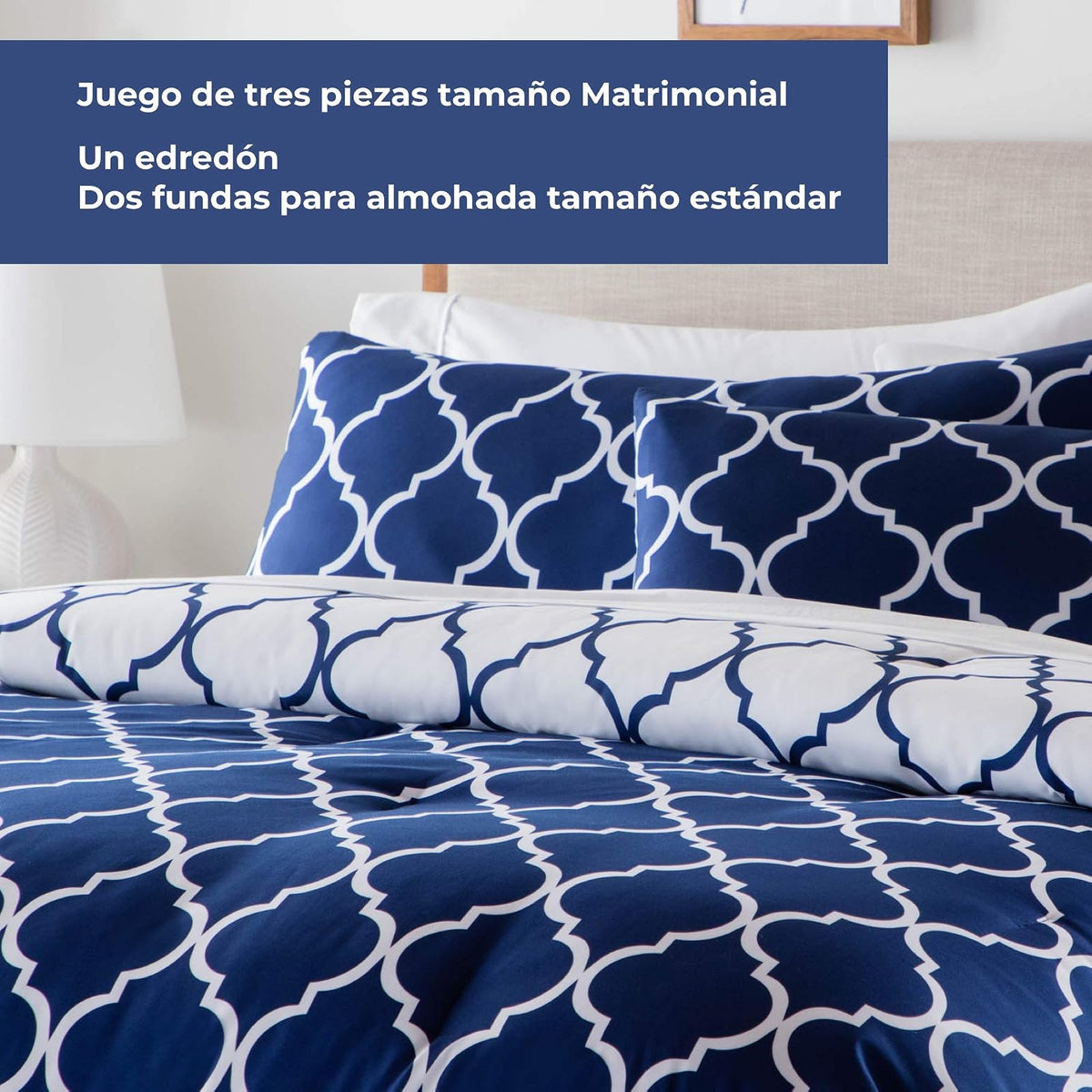 Linenspa Edredón Acolchado de Plumón Alternativo - Estilo de Cuadrifolio Reversible - Edredón Suave, Hipoalergénico y Reversible - Color Azul Marino