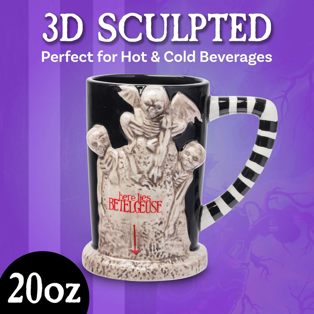 Silver Buffalo Beetlejuice Here Lies - Taza esculpida 3D de cerámica, 20 onzas