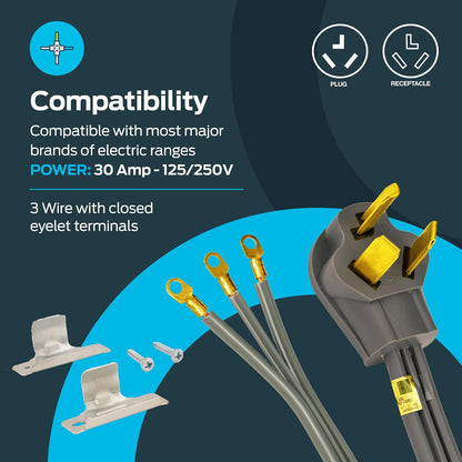 EZ-FLO 61249 Cable para secadora de 3 clavijas, 30 Amperios, 6' Length