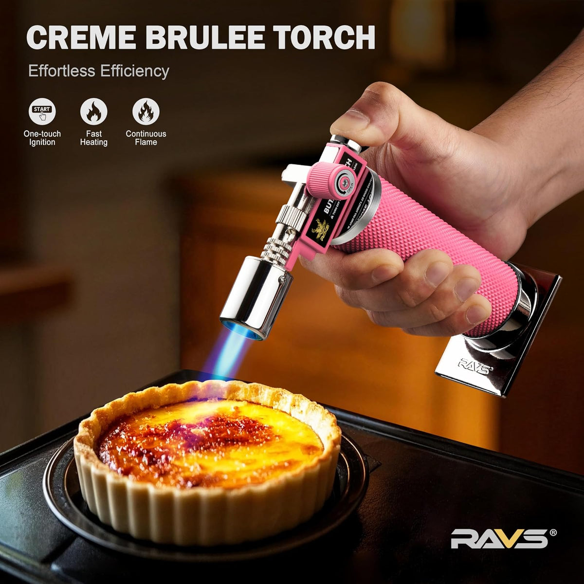 RAVS - Antorcha de butano, antorcha de cocina para crema Brulee con llama ajustable, antorcha de cocina para hornear, barbacoa, postres, mini antorcha de metal con hebilla de seguridad, rosa (butano