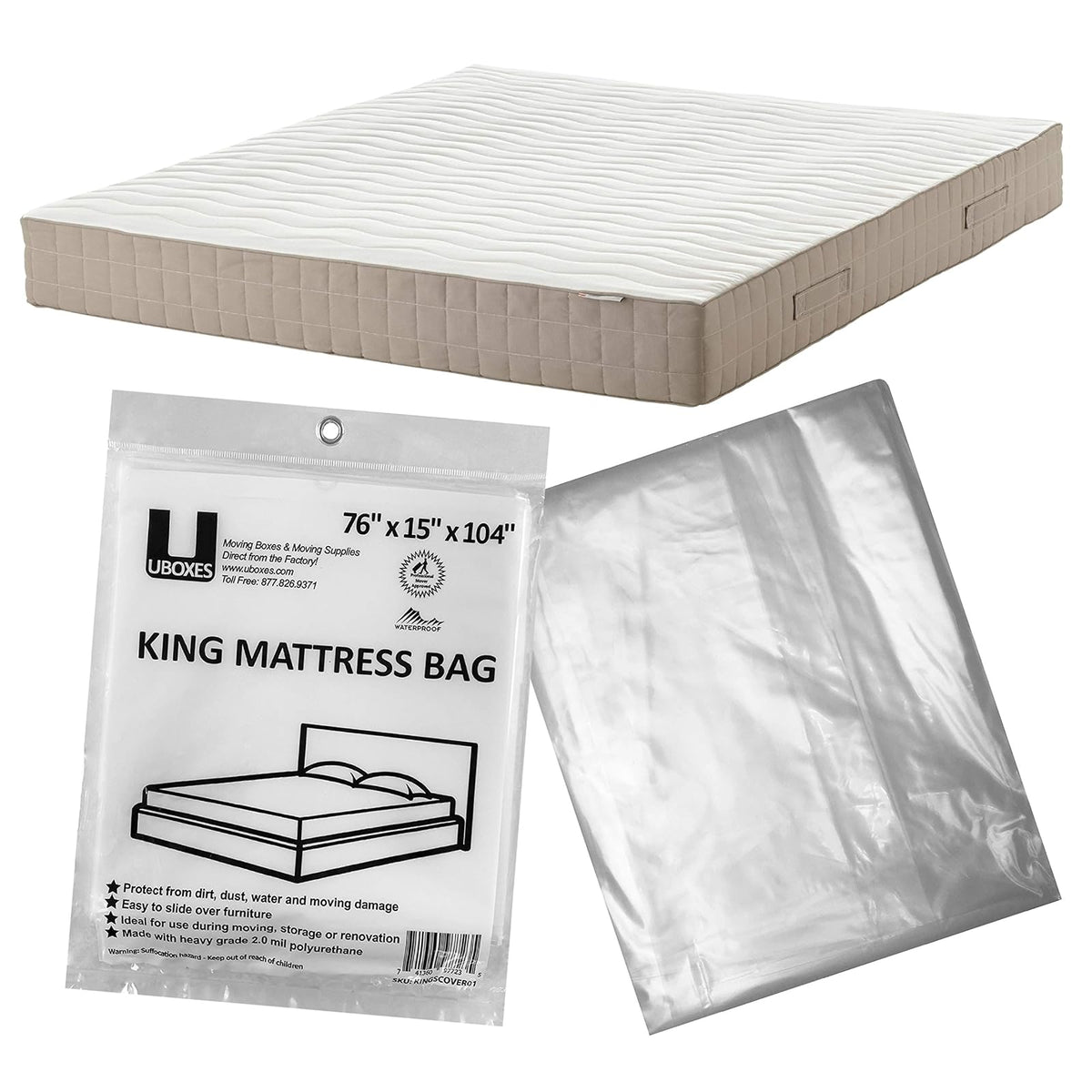 Uboxes Funda de Colchón King | Transparente, 76 x 15 x 104 pulgadas, polietileno 2 mil, fácil colocación