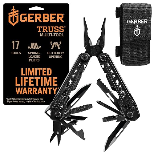 Gerber Gear Truss Multiherramienta 17 en 1 con cuchillo de bolsillo y alicates de punta de aguja, regalos para hombres, equipo EDC compacto, negro con funda estándar