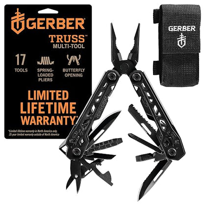 Gerber Gear Truss Multiherramienta 17 en 1 con cuchillo de bolsillo y alicates de punta de aguja, regalos para hombres, equipo EDC compacto, negro con funda estándar