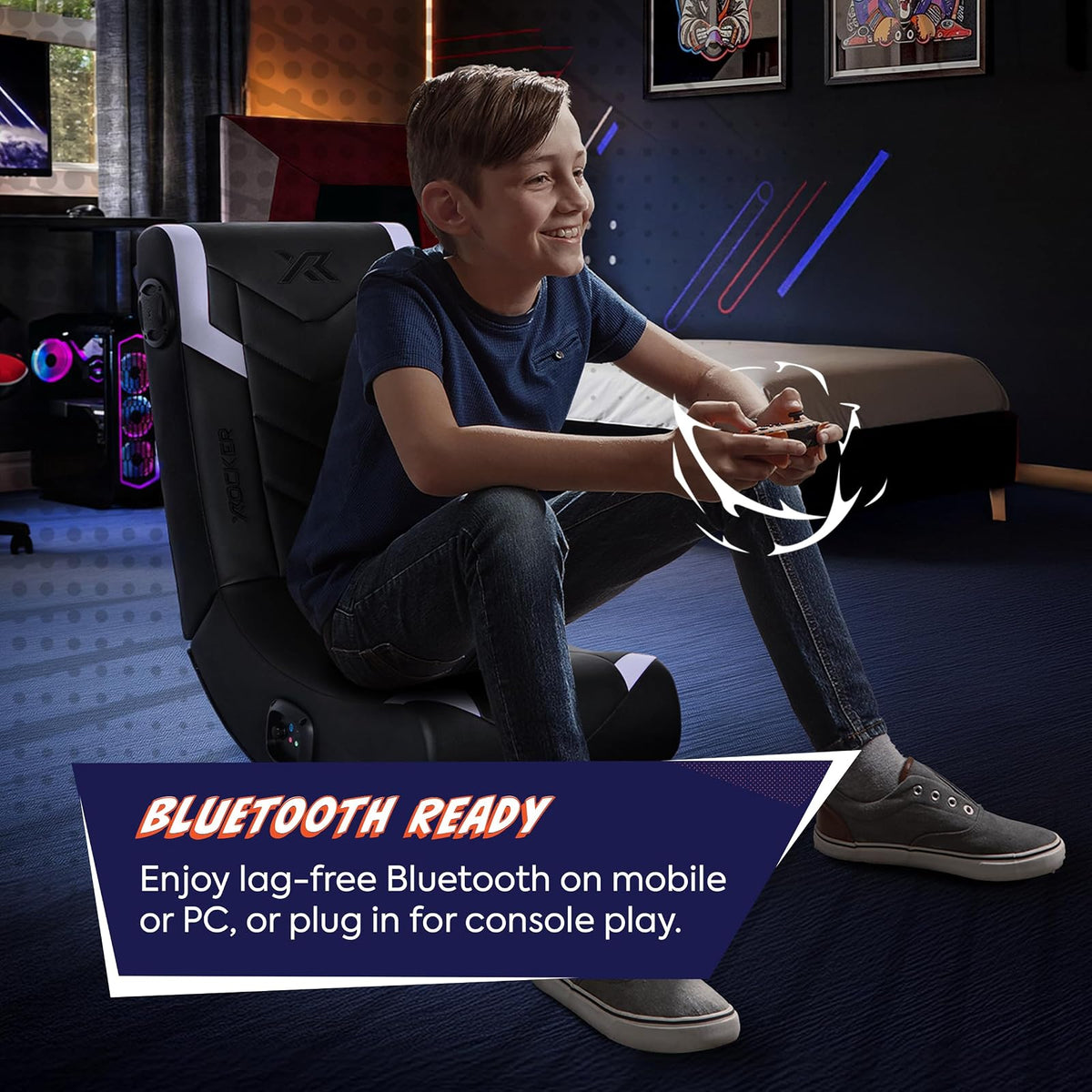 X Rocker Eclipse - Silla de Piso para Videojuegos con Altavoces incorporados, Bluetooth inalámbrico, Plegable, Piel Vegano, 300 Libras máximo, Exclusivo de , Negro y Plateado