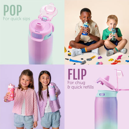Ello Kids Pop & Fill Botella de agua de 12 onzas con tapa de llenado rápido, acero inoxidable aislado al aspiradora de doble pared, a prueba de fugas, sin BPA, sorbos y chug, para escuela, loncheras