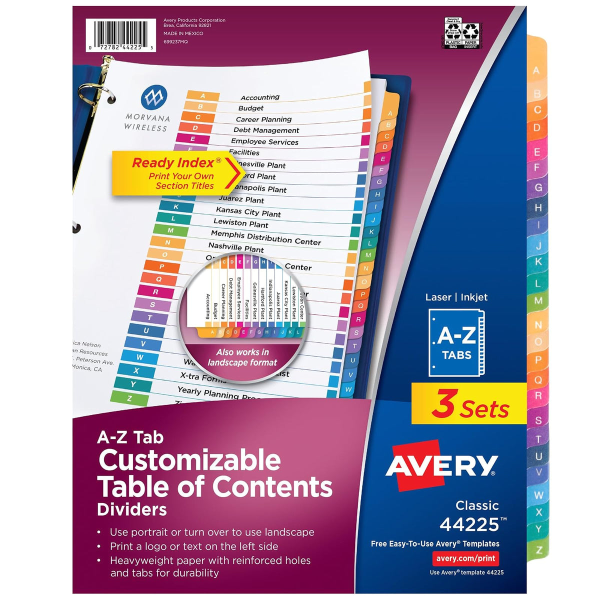 Avery A-Z Divisores para carpetas de 3 anillos, 26 pestañas por juego, tabla de contenido personalizable, pestañas multicolores, ideal para organizar informes, proyectos y más (3 juegos de 44225)