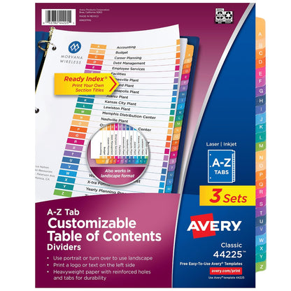 Avery A-Z Divisores para carpetas de 3 anillos, 26 pestañas por juego, tabla de contenido personalizable, pestañas multicolores, ideal para organizar informes, proyectos y más (3 juegos de 44225)