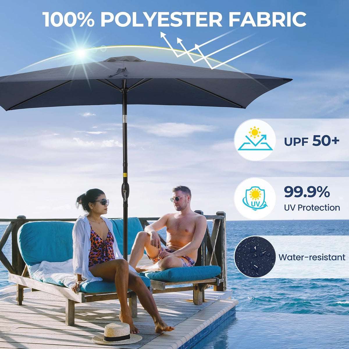 FansaFurn - Paraguas de patio rectangular, 6.5 x 10 pies, sombrilla cuadrada de metal para exteriores con manivela y botón de inclinación, 6 varillas de acero, toldo de poliéster