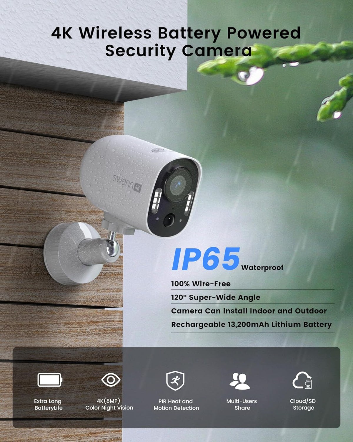 Swann Xtreem - Cámara de Seguridad inalámbrica 4K, cámara inalámbrica con Micro SD de 32 GB y Almacenamiento en la Nube, vigilancia Interior y Exterior, Ideal para Monitor de bebé y hogar,