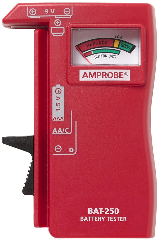 Amprobe BAT-250 Probador de Baterías Portátil con Pantalla Analógica Sin Necesidad de Pilas Compatible con 9V AA AAA C D y Botón de 1.5V