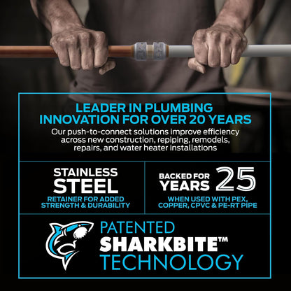 SharkBite - Accesorio de fontanería latón de 1/2 pulgadas, playera de presión para conectar, tubería PEX, cobre, CPVC, PE-RT, HDPE, UR362A
