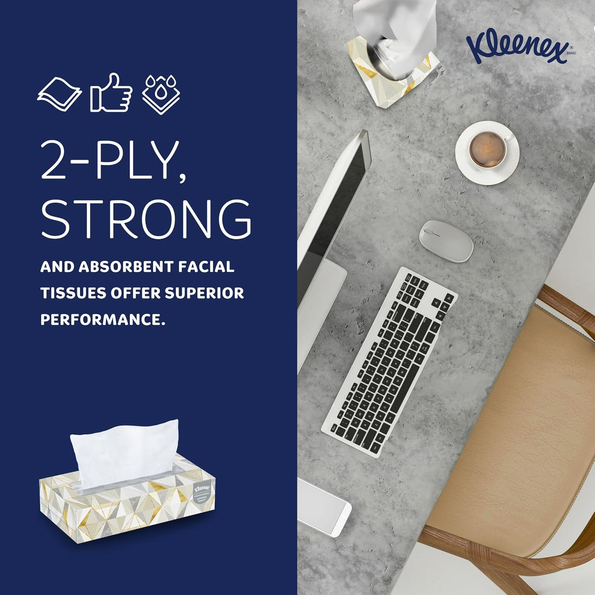 Kleenex 03076, Pañuelos Faciales | Cajas de pañuelos planas, de 2 capas, suaves y fuertes, funda de conveniencia, nivel premium