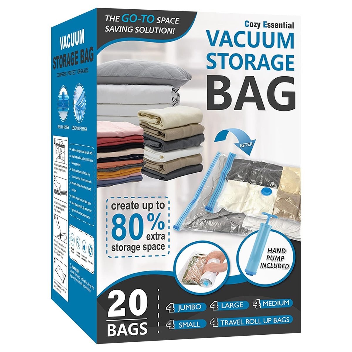 20 bolsas de almacenamiento al vacío, bolsas de almacenamiento de compresión para ropa, edredones y cobijas, bomba de mano incluida (4 jumbo, 4 grandes, 4 medianas, 4 pequeñas y 4 enrollables)