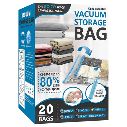 20 bolsas de almacenamiento al vacío, bolsas de almacenamiento de compresión para ropa, edredones y cobijas, bomba de mano incluida (4 jumbo, 4 grandes, 4 medianas, 4 pequeñas y 4 enrollables)