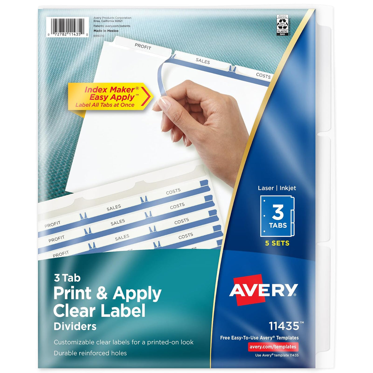 Avery Index Maker Divisores de etiquetas transparentes, 3 pestañas, Blanco, 5 sets
