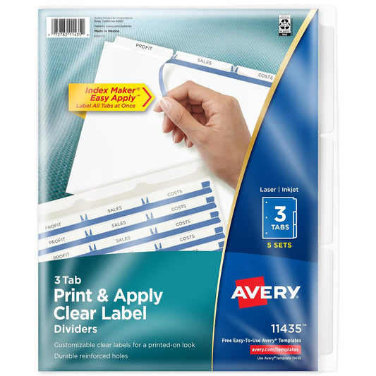 Avery Index Maker Divisores de etiquetas transparentes, 3 pestañas, Blanco, 5 sets