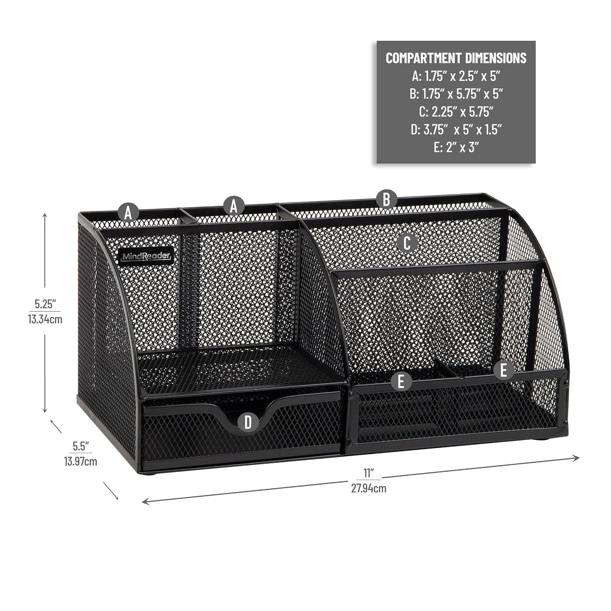 Mind Reader Desktop Organizer, File Storage, Accessory Storage, Workspace, Office, Metal Mesh, 11"L x 5.5"W x 5"H, Black
